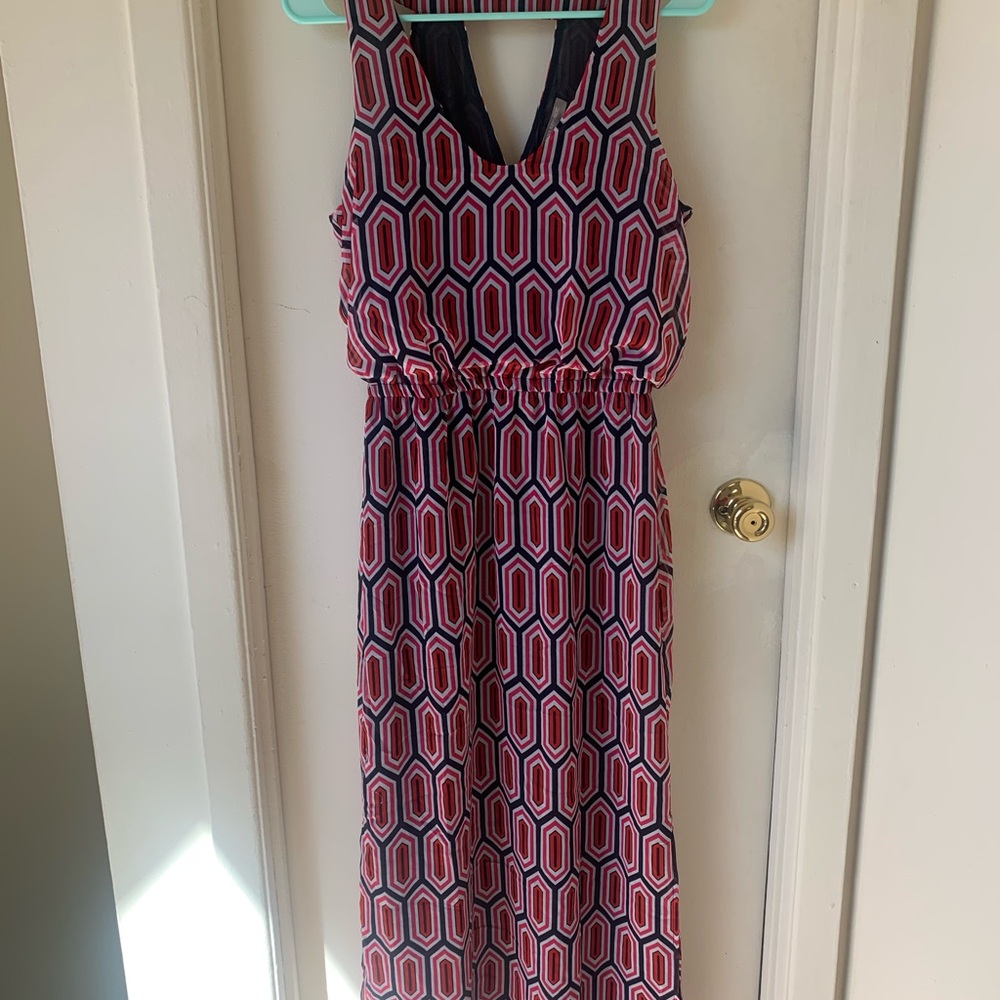 Banana Republic Sleeveless Maxi Dress in Navy and Pink Geometric Print